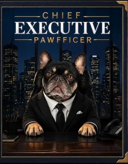 Bruno in a suit at a boardroom desk at night