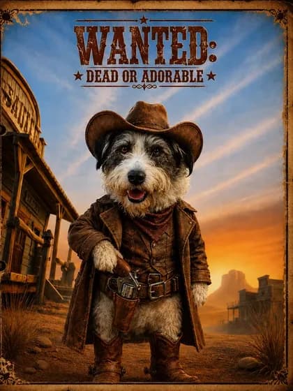Suki as a cowboy on a wanted poster