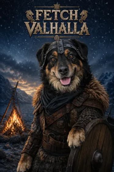 Teddy as a viking in front of a campfire